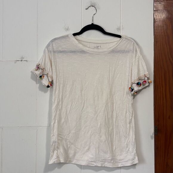 Loft lounge white pom pom sleeve T-shirt coastal Beachy boho size XS - Picture 1 of 5